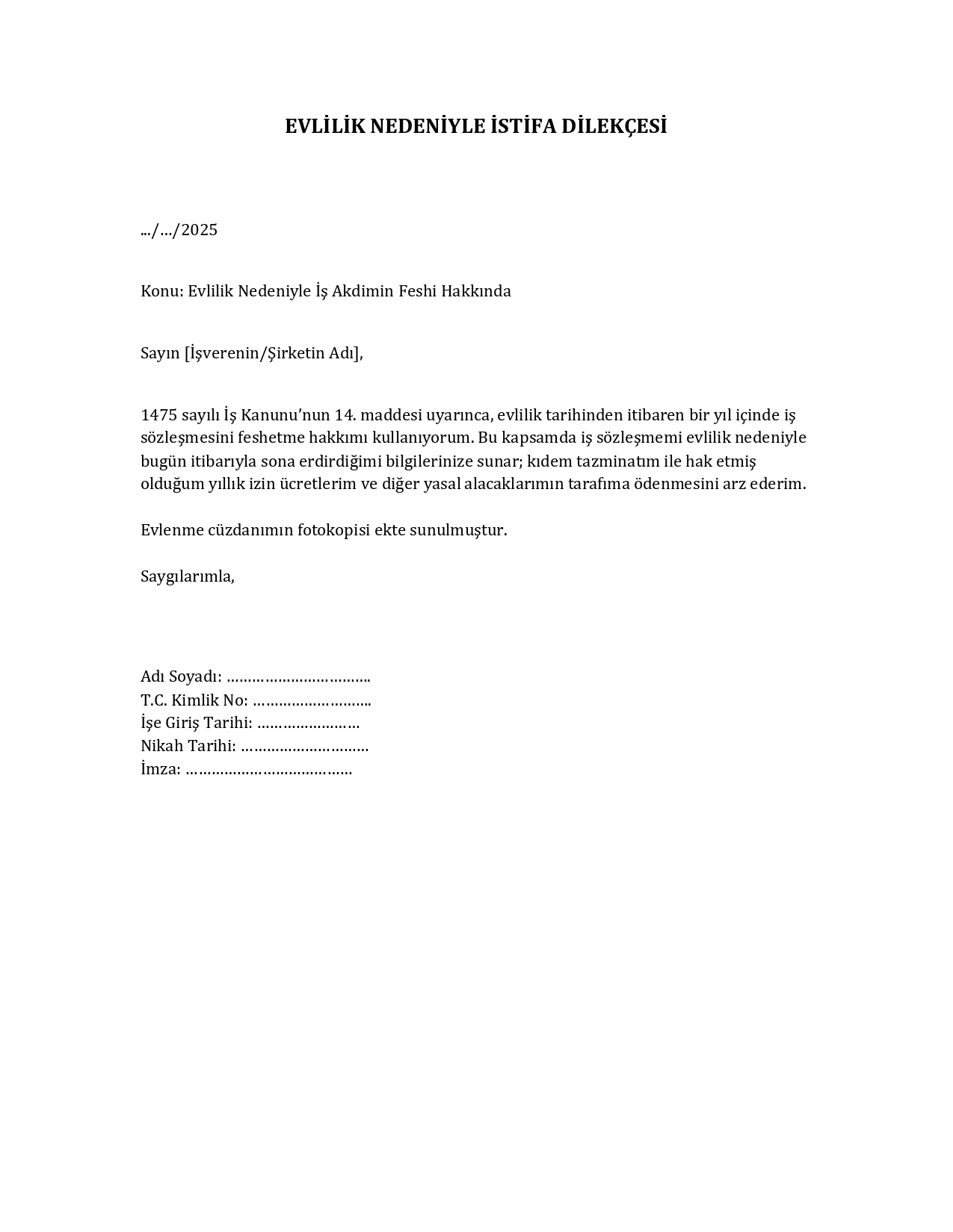 Evlilik Nedeniyle İstifa Dilekçesi 2025
