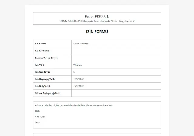 Yıllık İzin Formu Belgesi Yazdırma