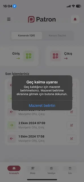 Mazeret Girişi Ekran Görüntüsü