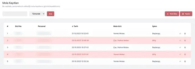 Mola Kayıt ve Takip