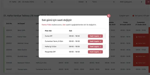 Seçilen Günün Çalışma Saatini Değiştirin